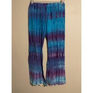 Vintage Handmade Womens Pants Medium Blue Tie Dye Flare Leg Pull On Hippie Boho